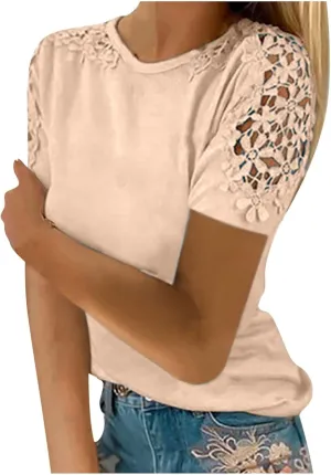 Plain T Shirts for Women 2023 Dressy Casual Short Sleeve Lace Blouse Sexy Crew Neck Solid Summer Top Classic Work Tee
