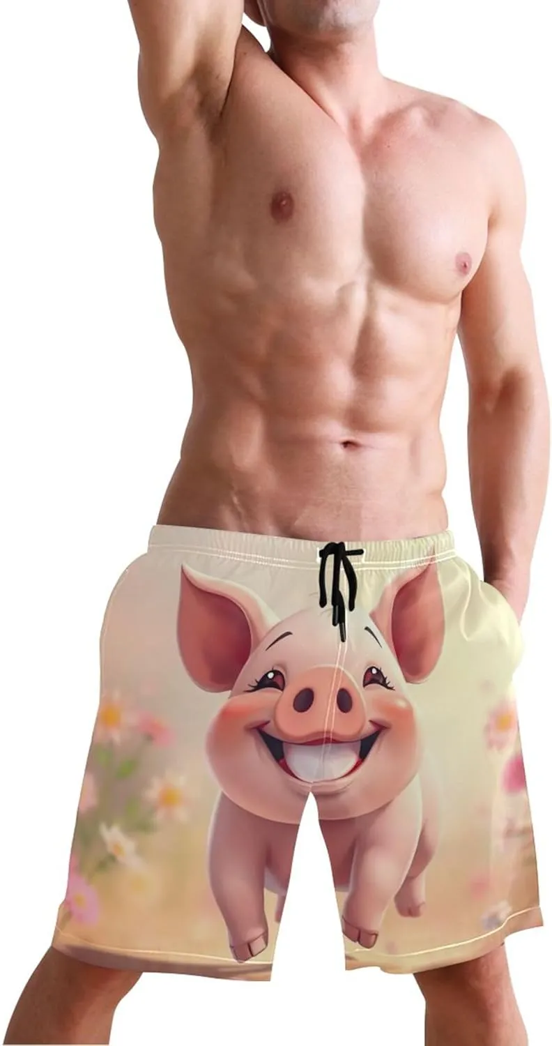 Playful Cartoon Cute Pig Men Swim Trunks Funny Quick Dry Bathing Suits Surf Board Swimming Shorts S