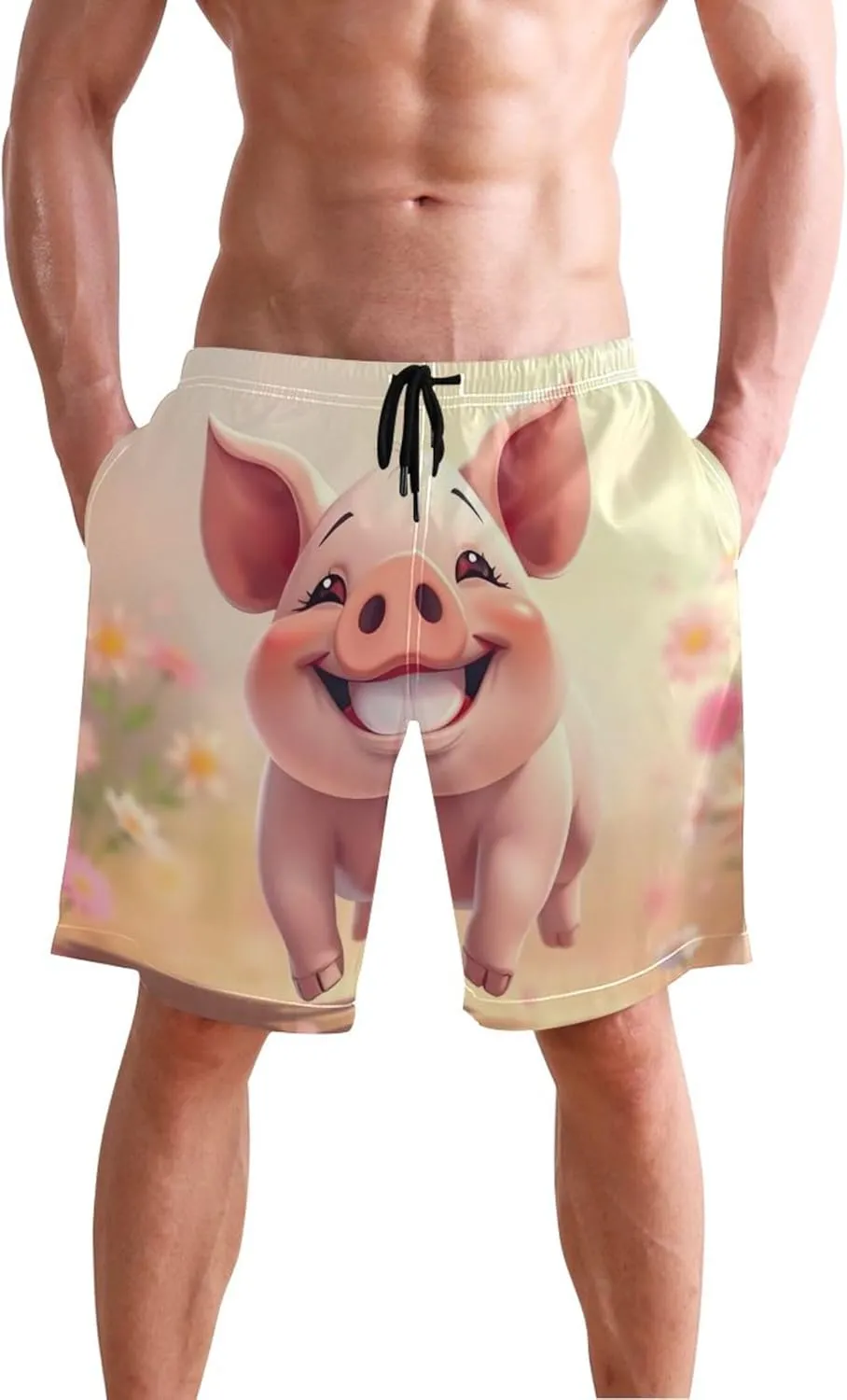Playful Cartoon Cute Pig Men Swim Trunks Funny Quick Dry Bathing Suits Surf Board Swimming Shorts S