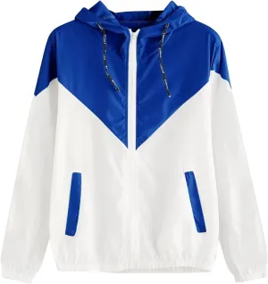 Plus Size Rain Jackets for Women, Women Lightweight Rain Coat with Hood Color Block Windbreaker Outdoor Hooded Jacket
