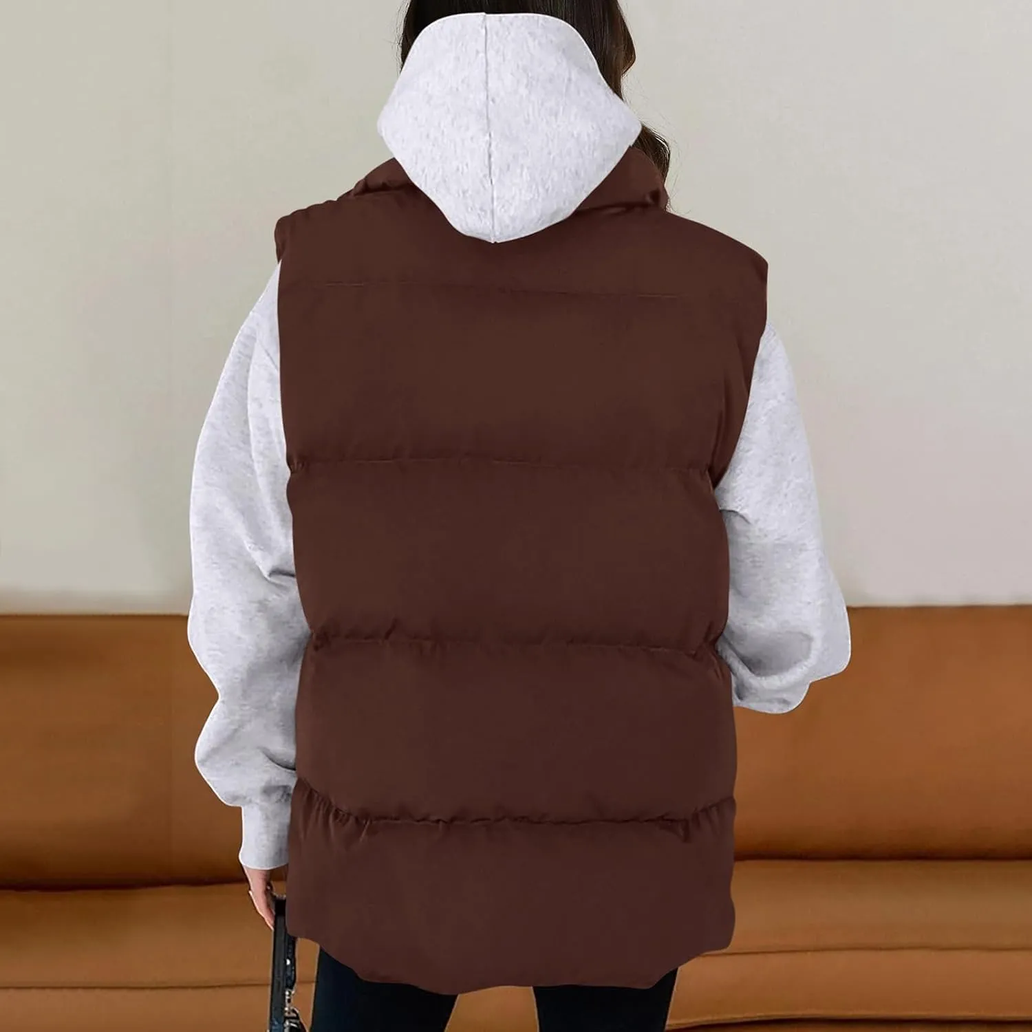 Puffer Vest Women Casual Sleeveless Stand Collar Zip Up Jacket Lightweight Warm Winter Coats Outerwear with Pockets