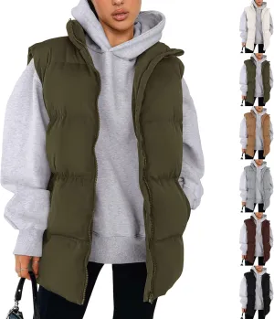 Puffer Vest Women Casual Sleeveless Stand Collar Zip Up Jacket Lightweight Warm Winter Coats Outerwear with Pockets