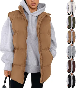 Puffer Vest Women Casual Sleeveless Stand Collar Zip Up Jacket Lightweight Warm Winter Coats Outerwear with Pockets