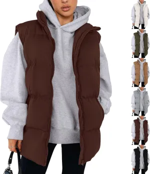 Puffer Vest Women Casual Sleeveless Stand Collar Zip Up Jacket Lightweight Warm Winter Coats Outerwear with Pockets