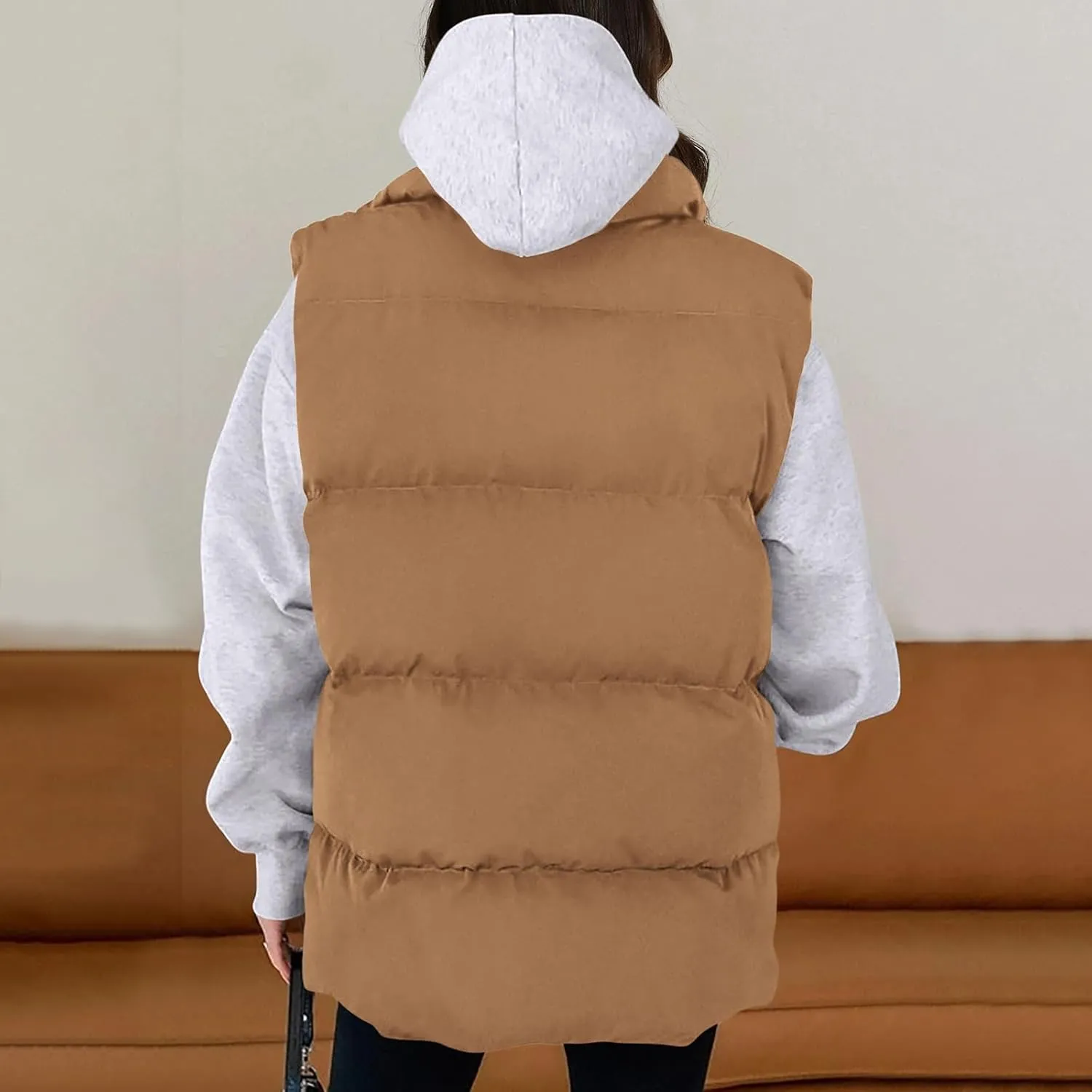 Puffer Vest Women Casual Sleeveless Stand Collar Zip Up Jacket Lightweight Warm Winter Coats Outerwear with Pockets