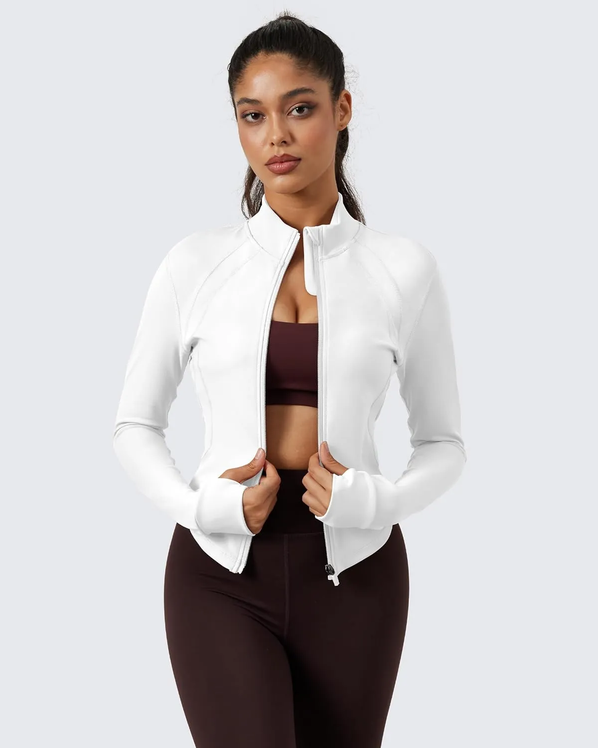 QUEENIEKE Women's Cropped Workout Jackets - Zip Up Long Sleeves Athletic Yoga Slim Fit BBL Running Jacket with Thumb Holes