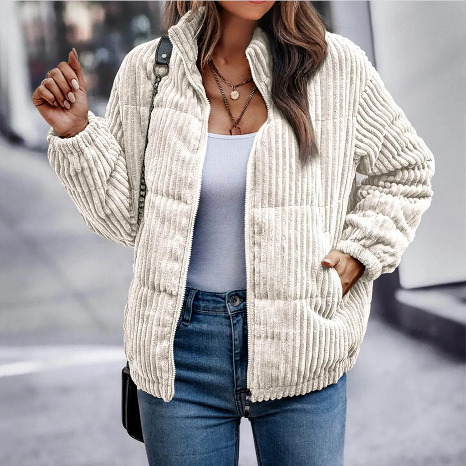 Quilted Jacket for Women Long Sleeve Zipper Puffer Jackets Loose Comfy Outdoor Tour Overcoat 2024 Winter Warm Outwear