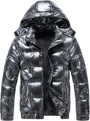 QWENTMTNTY Mens Shiny Puffer Jackets Waterproof Lightweight Slim Fit Outerwear Quilted Thickened Down Jackets Coats Detachable Hood