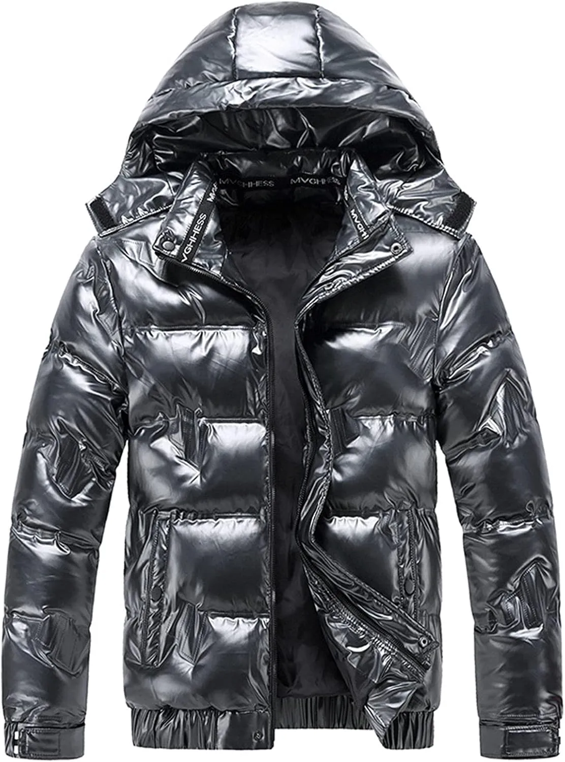 QWENTMTNTY Mens Shiny Puffer Jackets Waterproof Lightweight Slim Fit Outerwear Quilted Thickened Down Jackets Coats Detachable Hood