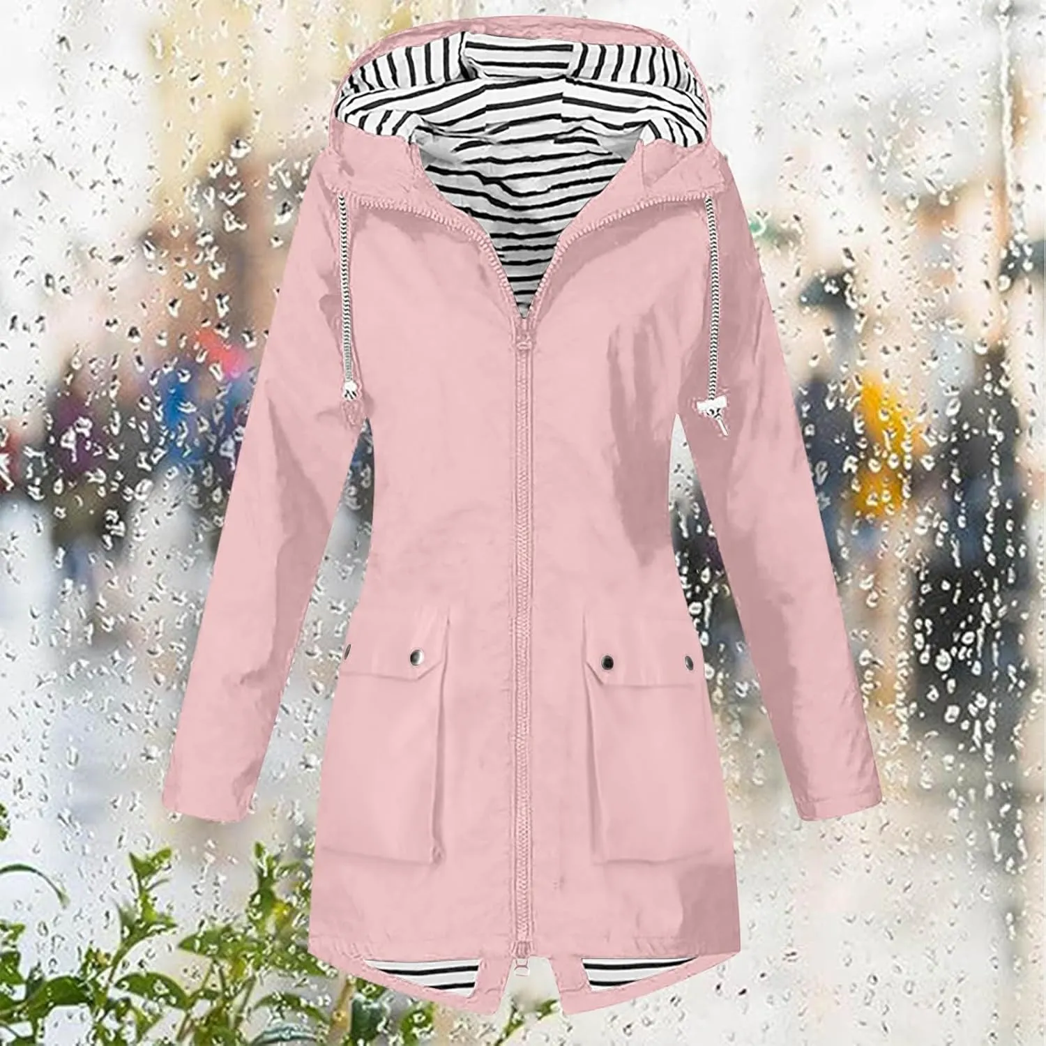 Rain Jacket Women 2024 Fall Lightweight Waterproof Raincoat Outdoor Hooded Trench Coats Windbreaker Anorak Jacket
