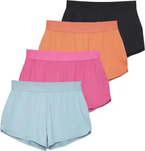 Real Essentials 4 Pack: Girls Athletic Performance Running Shorts with Drawstring & Pockets