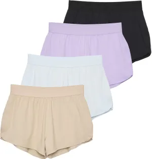 Real Essentials 4 Pack: Girls Athletic Performance Running Shorts with Drawstring & Pockets