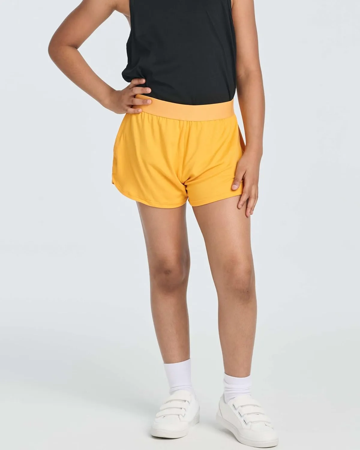 Real Essentials 4 Pack: Girls Athletic Performance Running Shorts with Drawstring & Pockets