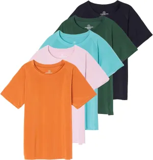 Real Essentials 5 Pack Girls' Short Sleeve UPF Sun Protective Rashguard Swim Shirt Active Athletic (Ages 4-16)