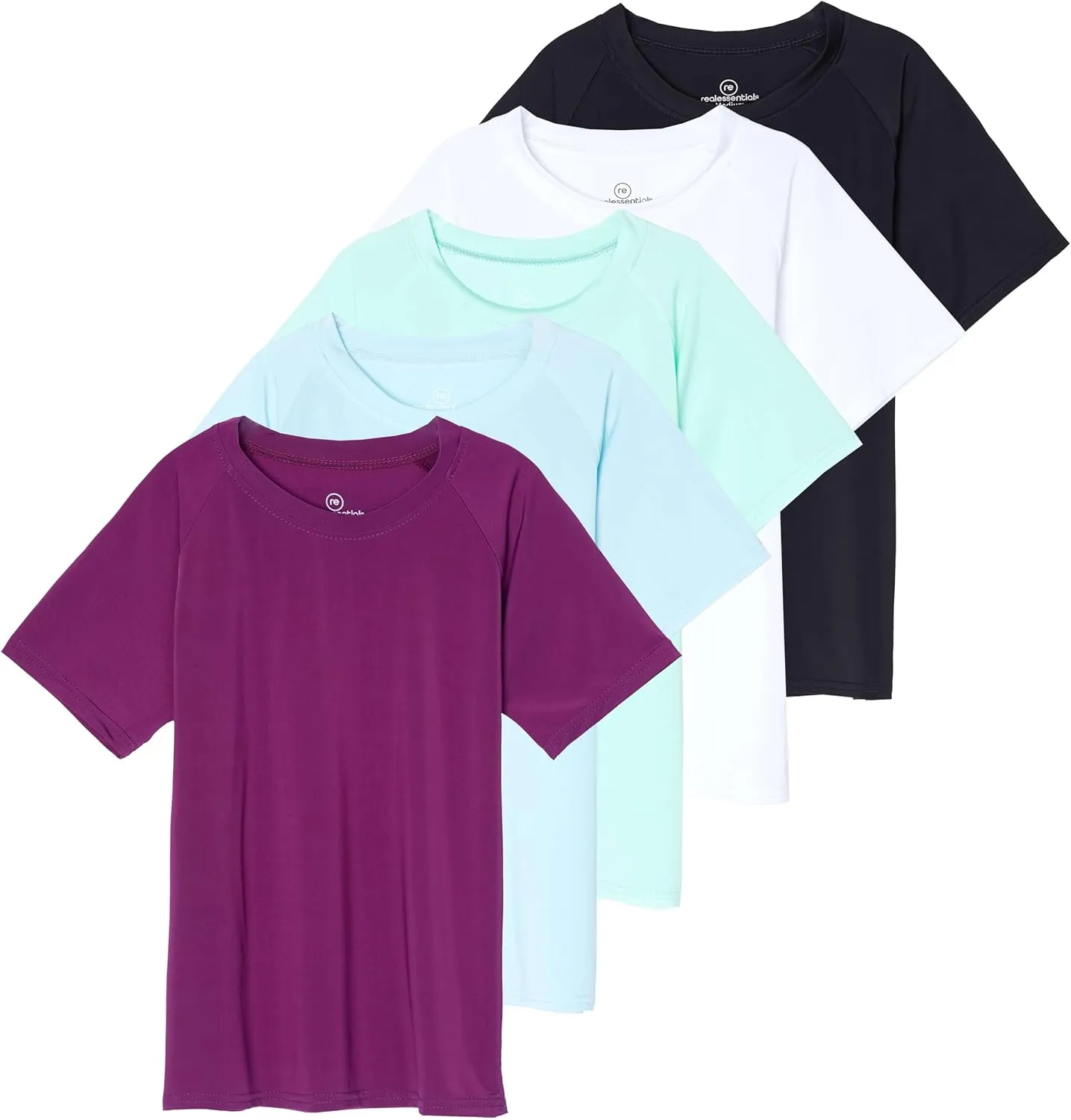 Real Essentials 5 Pack Girls' Short Sleeve UPF Sun Protective Rashguard Swim Shirt Active Athletic (Ages 4-16)