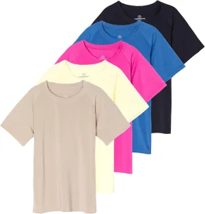 Real Essentials 5 Pack Girls' Short Sleeve UPF Sun Protective Rashguard Swim Shirt Active Athletic (Ages 4-16)