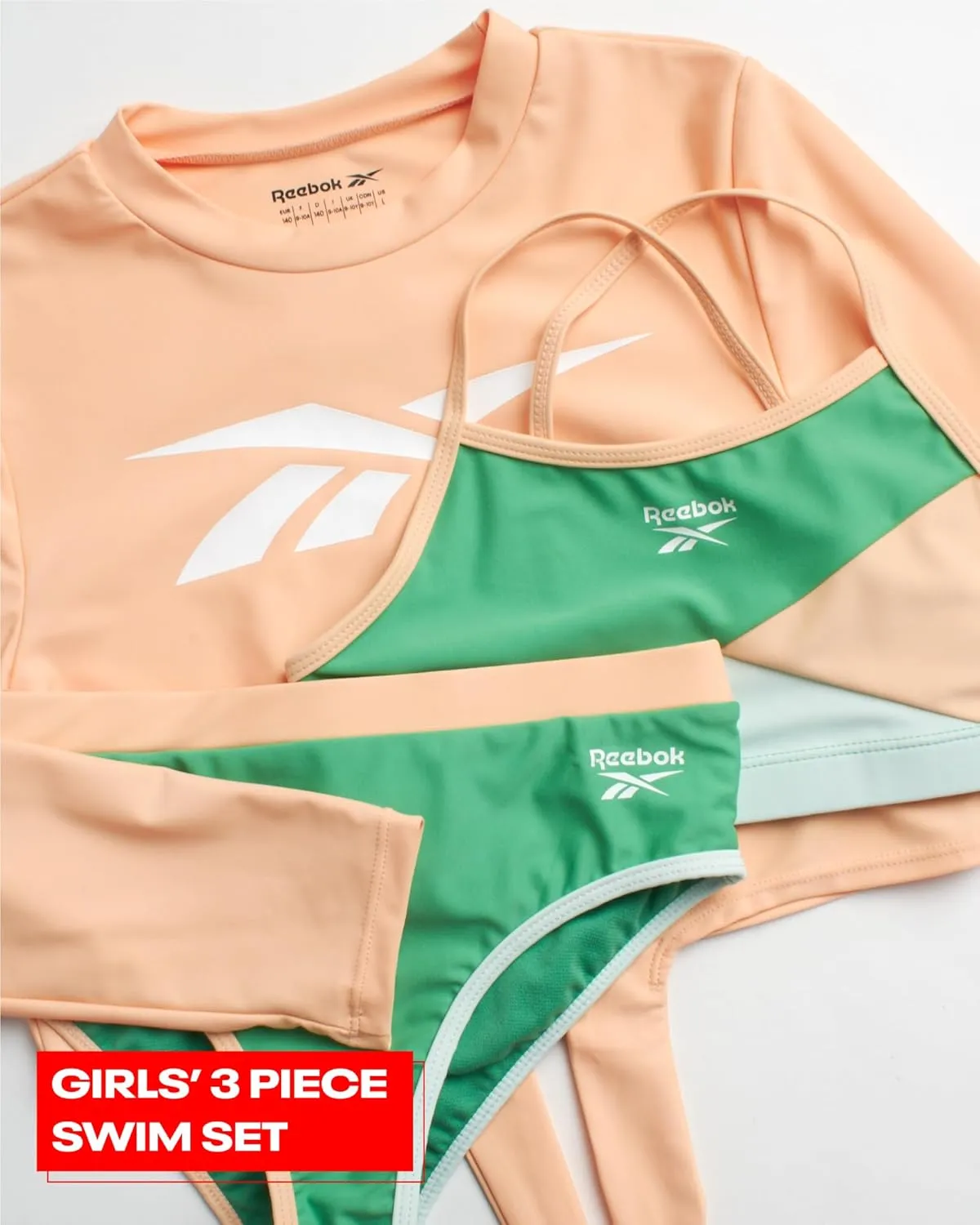 Reebok Girls' Rash Guard Set - 3 Piece UPF 50  Long Sleeve Swim Shirt with Bikini Swimsuit - Swimwear Set for Girls (4-16)