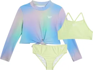 Reebok Girls' Rash Guard Set - 3 Piece UPF 50  Long Sleeve Swim Shirt with Bikini Swimsuit - Swimwear Set for Girls (4-16)