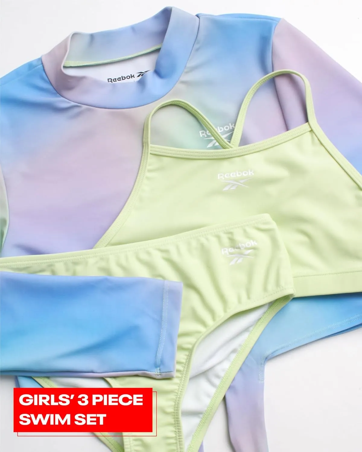 Reebok Girls' Rash Guard Set - 3 Piece UPF 50  Long Sleeve Swim Shirt with Bikini Swimsuit - Swimwear Set for Girls (4-16)