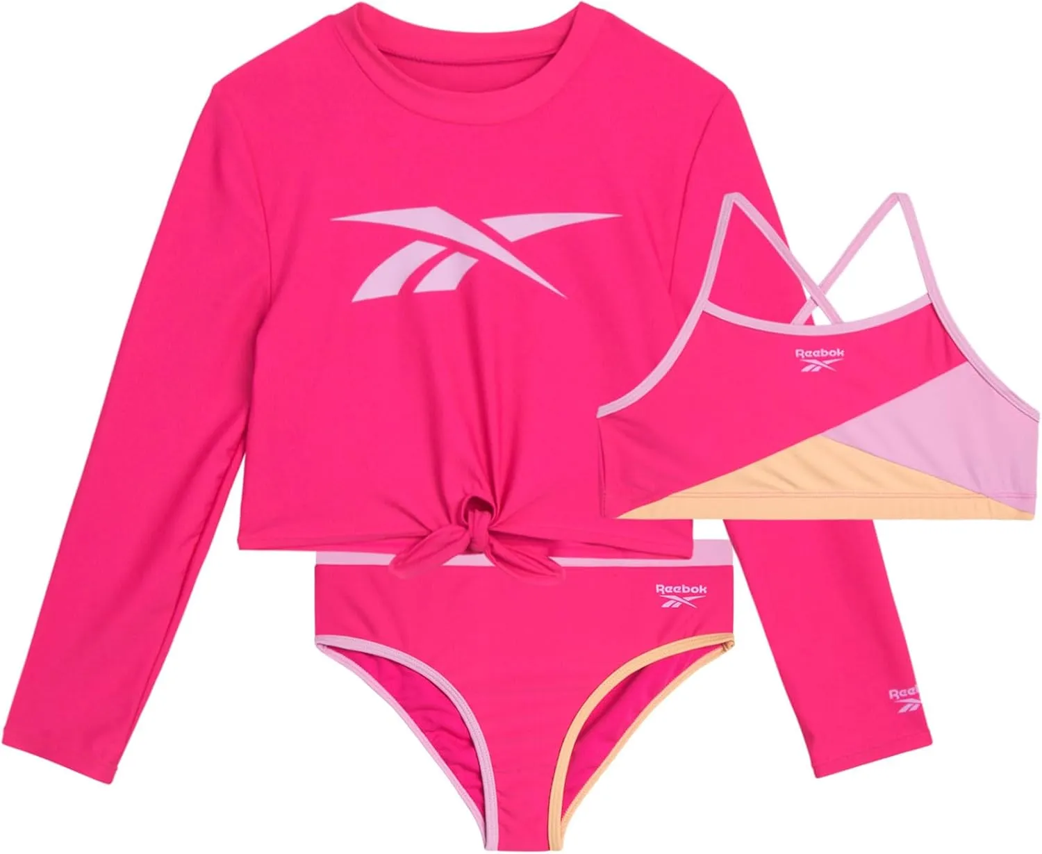 Reebok Girls' Rash Guard Set - 3 Piece UPF 50  Long Sleeve Swim Shirt with Bikini Swimsuit - Swimwear Set for Girls (4-16)