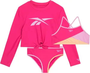 Reebok Girls' Rash Guard Set - 3 Piece UPF 50  Long Sleeve Swim Shirt with Bikini Swimsuit - Swimwear Set for Girls (4-16)