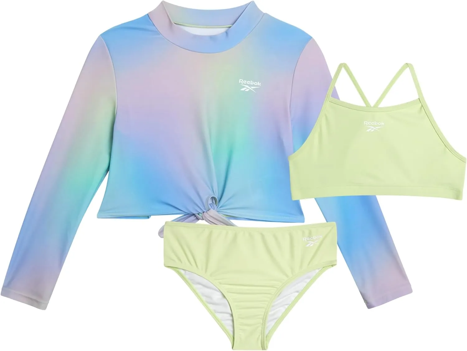 Reebok Girls' Rash Guard Set - 3 Piece UPF 50  Long Sleeve Swim Shirt with Bikini Swimsuit - Swimwear Set for Girls (4-16)