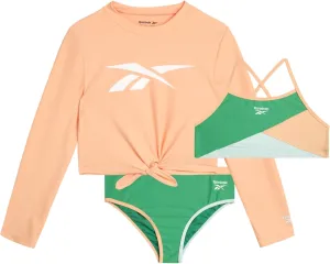 Reebok Girls' Rash Guard Set - 3 Piece UPF 50  Long Sleeve Swim Shirt with Bikini Swimsuit - Swimwear Set for Girls (4-16)