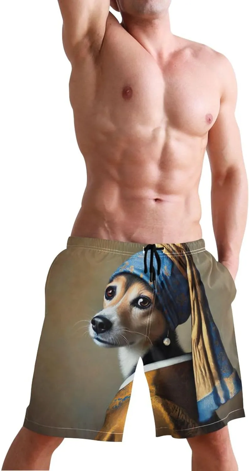 Regal Dog Pearl Earring Board Swimming Shorts Custom Men's Swim Trunks Funny Swimwear Bathing Suit S