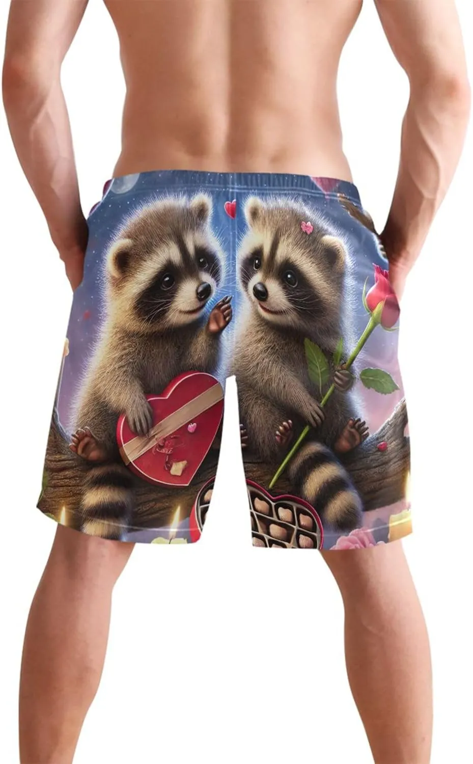 Romantic Raccoon Valentine Love Swim Trunks for Men Swimwear Quick Dry Surf Board Swimming Shorts S