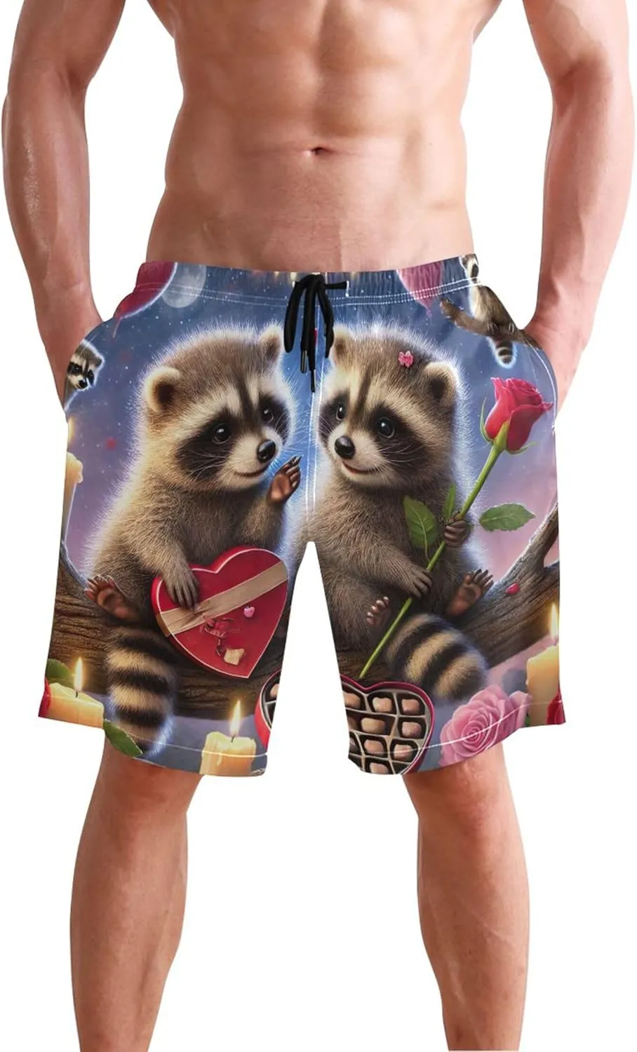 Romantic Raccoon Valentine Love Swim Trunks for Men Swimwear Quick Dry Surf Board Swimming Shorts S