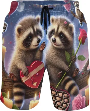 Romantic Raccoon Valentine Love Swim Trunks for Men Swimwear Quick Dry Surf Board Swimming Shorts S