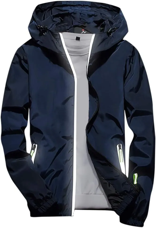 RTRDE Men's Casual Zip Up Jackets Hooded Water Resistant Rain Jacket Windproof for Hiking Fishing Outwear, M-7XL