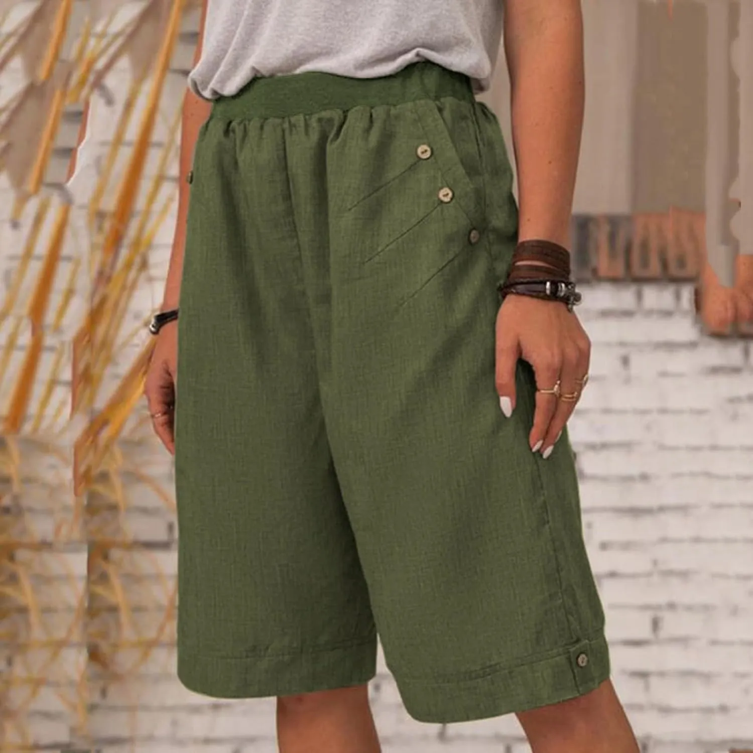 Running Shorts High Waisted Shorts Daisy Fashion Print Pocket Wide Leg Button Loose Pants Running Shorts Khaki Daisy