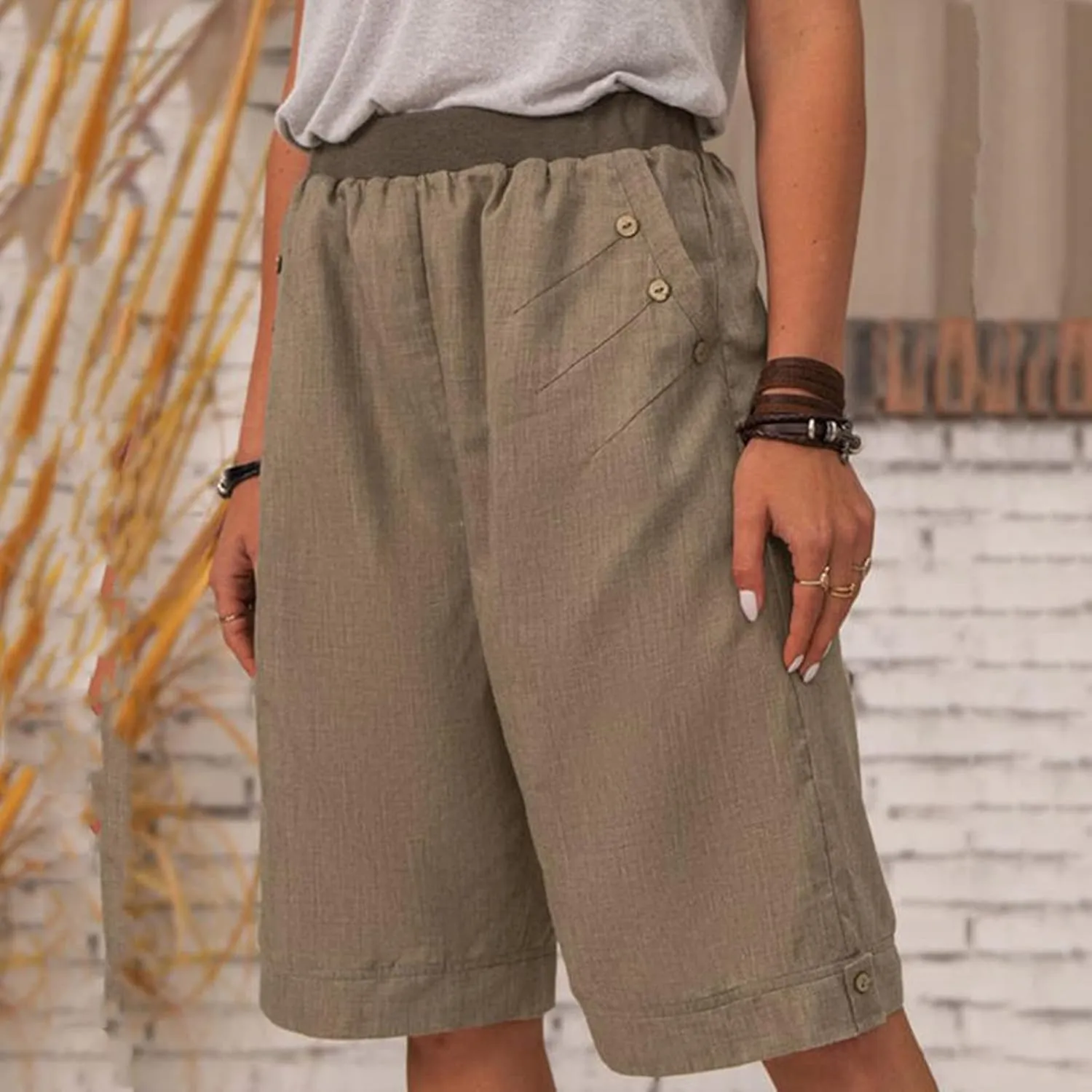 Running Shorts High Waisted Shorts Daisy Fashion Print Pocket Wide Leg Button Loose Pants Running Shorts Khaki Daisy