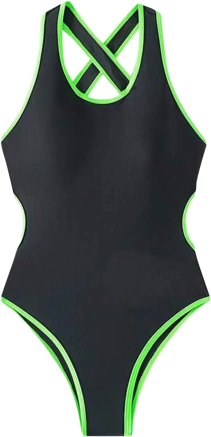 Ruziyoog Women's Swimsuit One Piece Solid Color High Cut Bodysuit Bikini Monokini Tummy Control Backless Bathing Suits