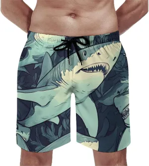 Shark Pattern Men's Athletic Running Shorts with Pockets Lightweight Beach Shorts Quick Dry
