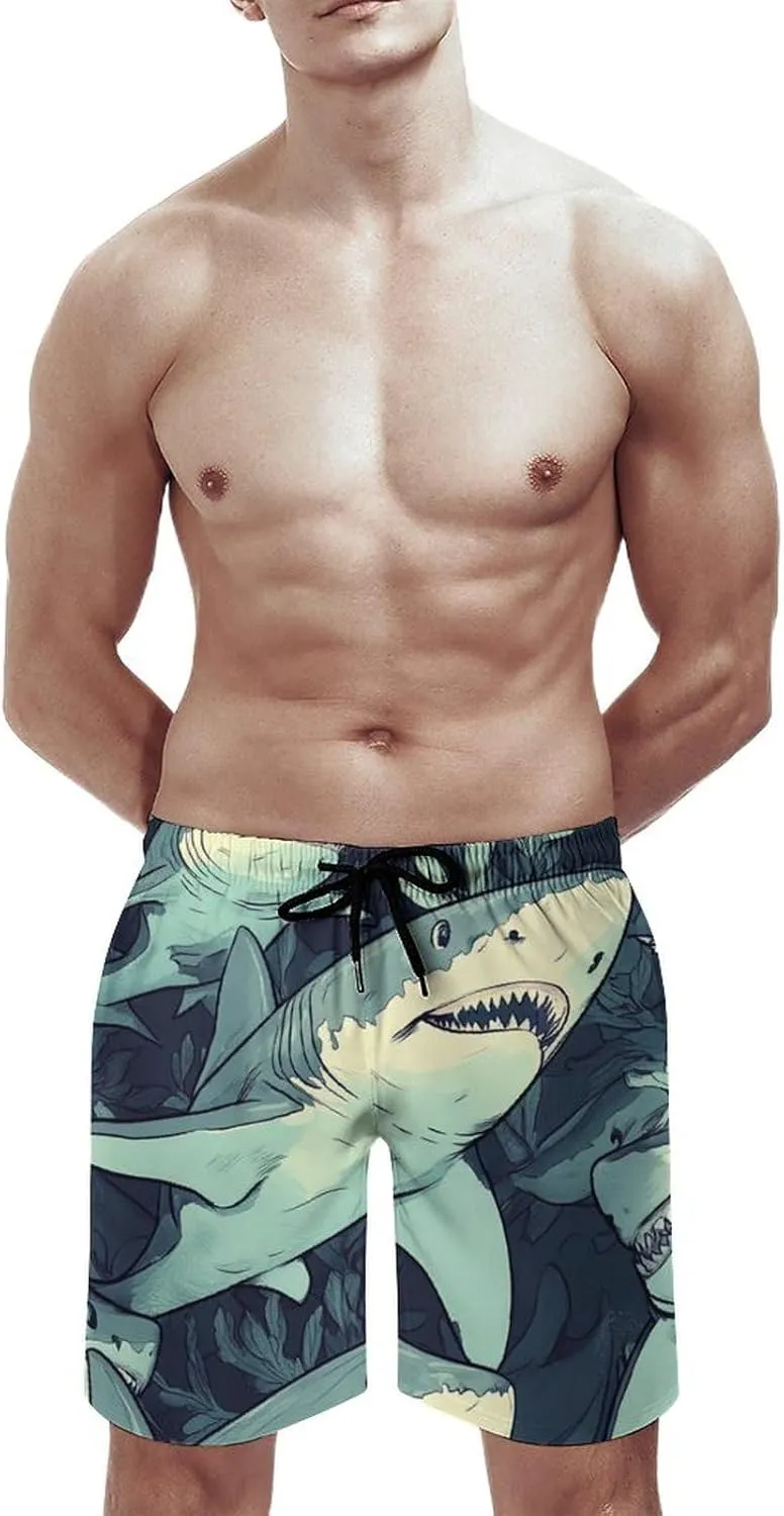 Shark Pattern Men's Athletic Running Shorts with Pockets Lightweight Beach Shorts Quick Dry
