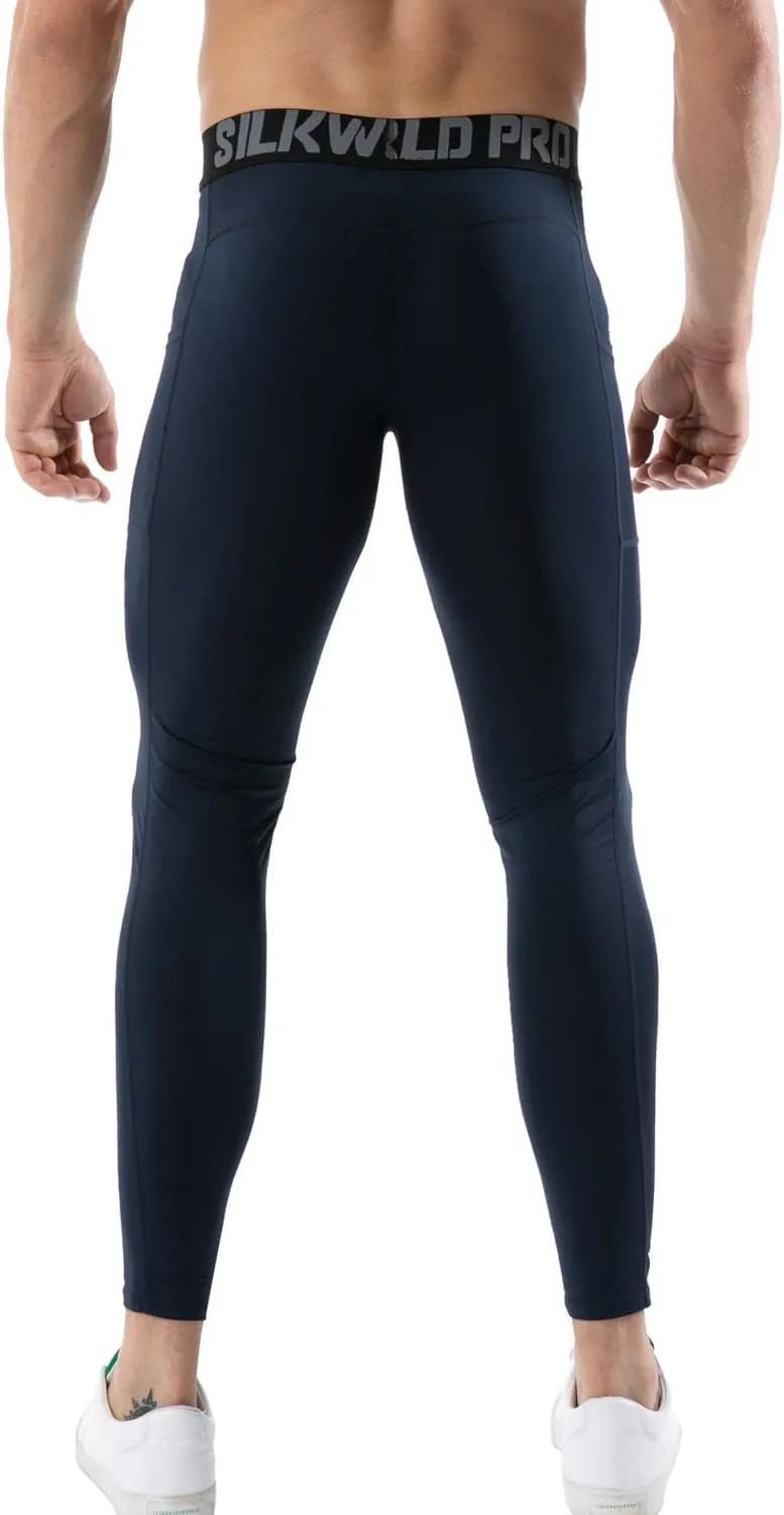 SILKWORLD Men's 1~3 Pack Compression Pants Pockets Cool Dry Gym Leggings Baselayer Running Tights