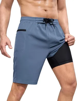 SILKWORLD Men's Swim Trunks with Compression Liner 9" Swimming Trunk 2 in 1 Beach Quick Dry Shorts with Zipper Pocket