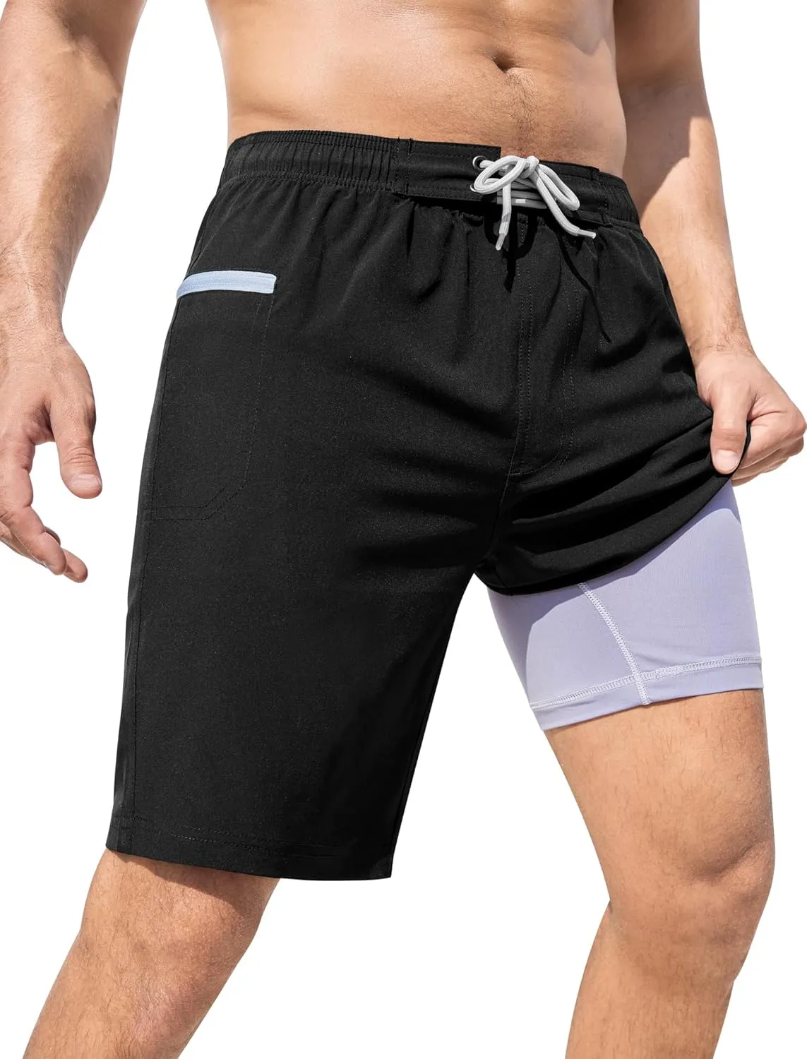 SILKWORLD Men's Swim Trunks with Compression Liner 9" Swimming Trunk 2 in 1 Beach Quick Dry Shorts with Zipper Pocket