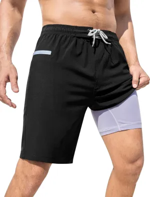 SILKWORLD Men's Swim Trunks with Compression Liner 9" Swimming Trunk 2 in 1 Beach Quick Dry Shorts with Zipper Pocket
