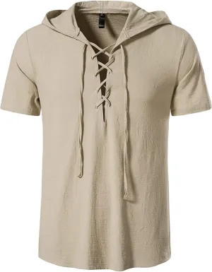 Soluo Men's Cotton Linen Hooded Shirt Short Sleeve V-Neck Drawstring Hoodies T-Shirts Lightweight Hippie Yoga Tee Tops