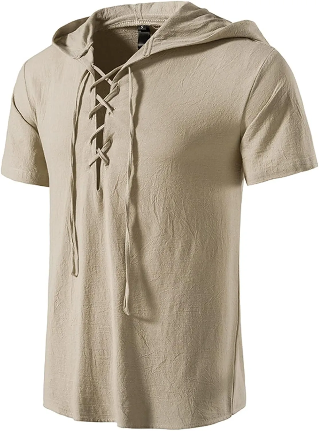 Soluo Men's Cotton Linen Hooded Shirt Short Sleeve V-Neck Drawstring Hoodies T-Shirts Lightweight Hippie Yoga Tee Tops
