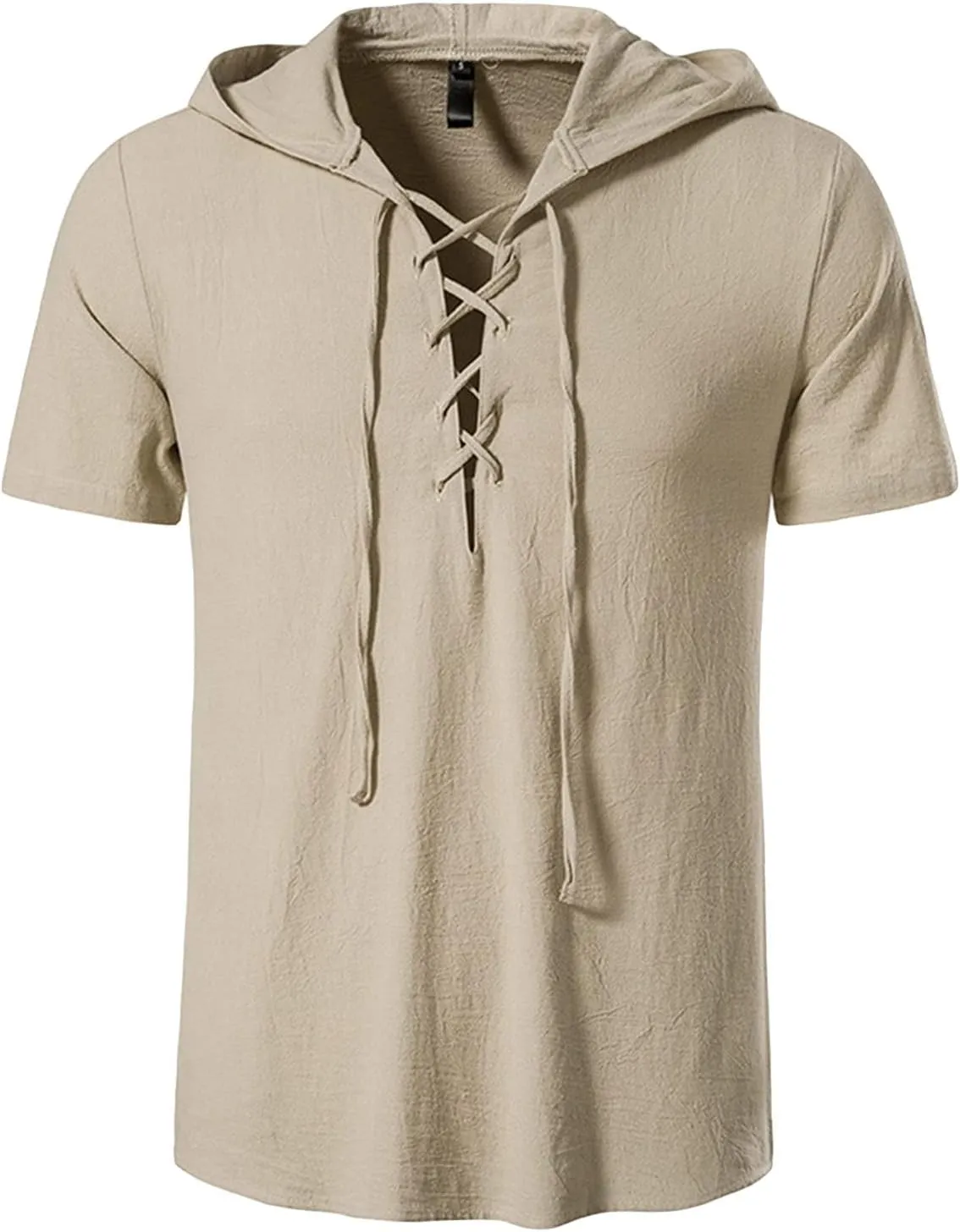 Soluo Men's Cotton Linen Hooded Shirt Short Sleeve V-Neck Drawstring Hoodies T-Shirts Lightweight Hippie Yoga Tee Tops