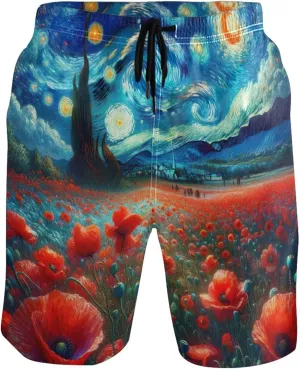 Starry Night Poppy Floral Mens Swimming Shorts Custom Swim Trunks for Men Bathing Suit with Liner S