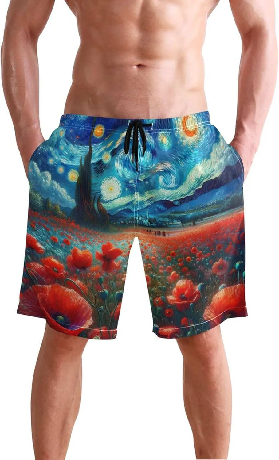 Starry Night Poppy Floral Mens Swimming Shorts Custom Swim Trunks for Men Bathing Suit with Liner S