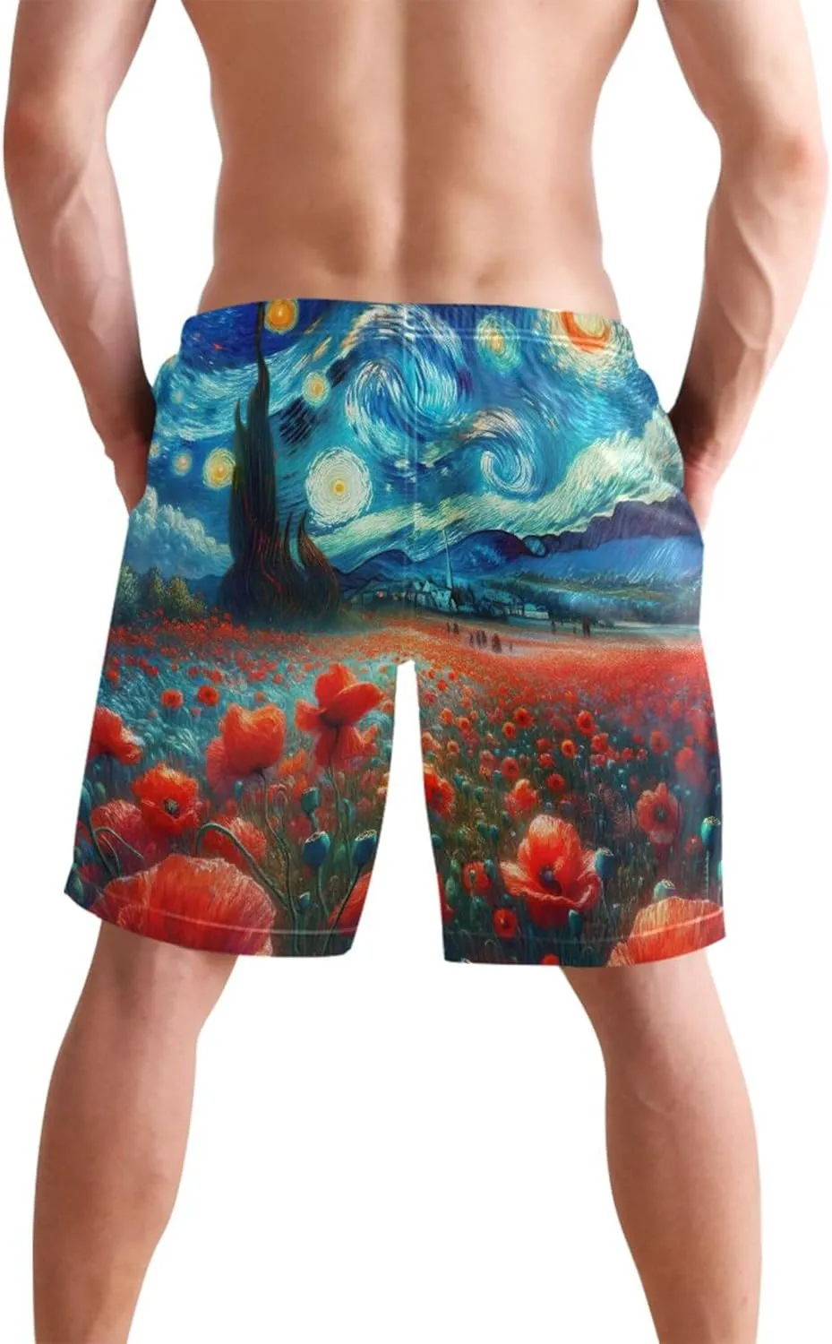 Starry Night Poppy Floral Mens Swimming Shorts Custom Swim Trunks for Men Bathing Suit with Liner S