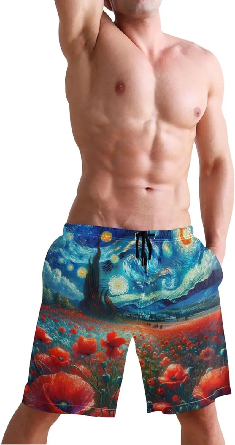 Starry Night Poppy Floral Mens Swimming Shorts Custom Swim Trunks for Men Bathing Suit with Liner S