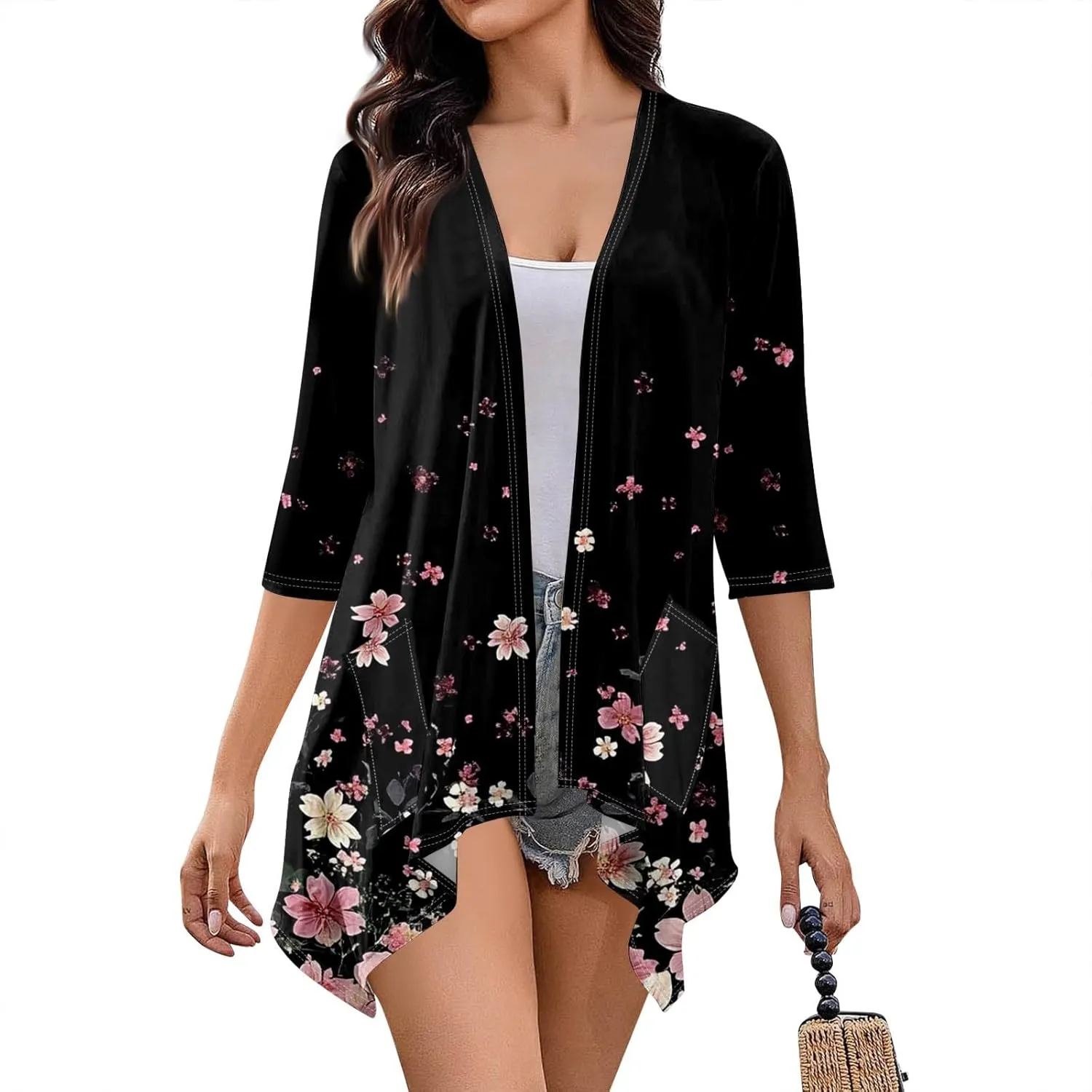Summer Cardigan for Women 3/4 Length Open Front Draped Cardigan Ruffle Kimono Cover Up Loose Floral Print with Pockets