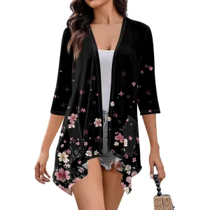 Summer Cardigan for Women 3/4 Length Open Front Draped Cardigan Ruffle Kimono Cover Up Loose Floral Print with Pockets